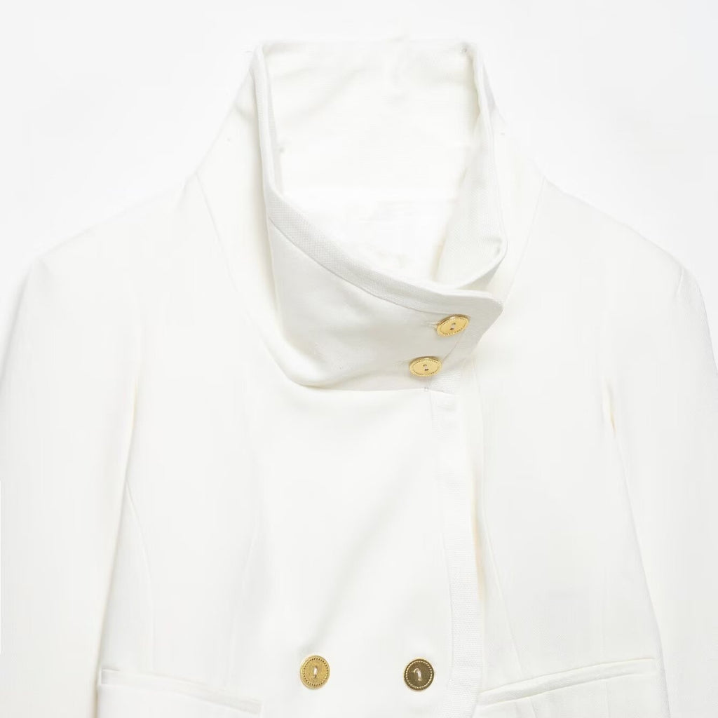 Women's Cropped Blazer with High Stand Collar, Double-Breasted Button Placket and Decorative Cuffs Fashion Glam