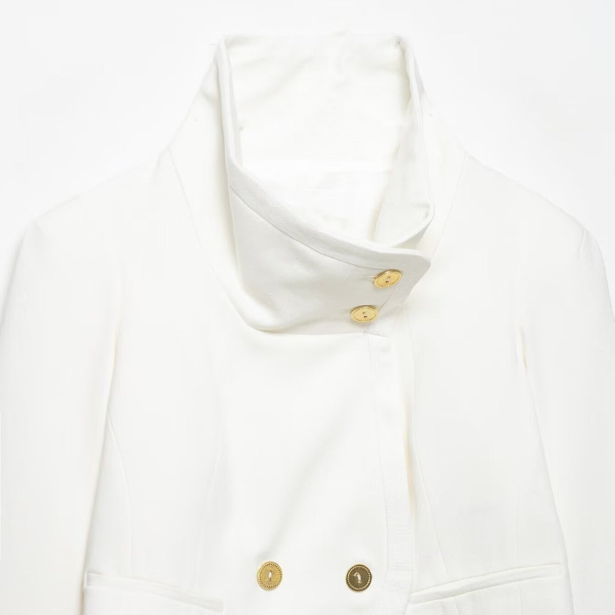 Women's Cropped Blazer with High Stand Collar, Double-Breasted Button Placket and Decorative Cuffs Fashion Glam