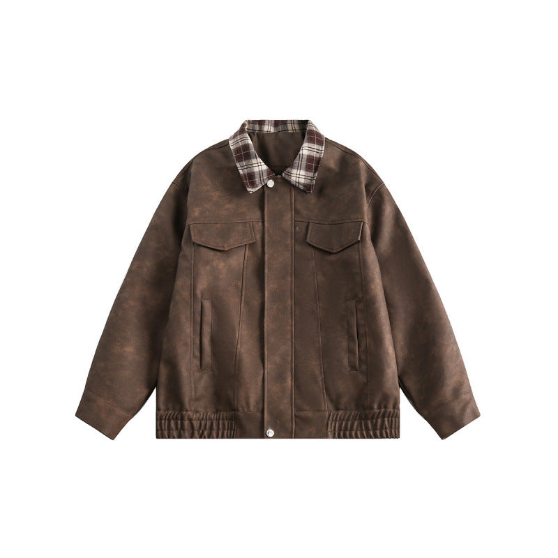 Men's suede look bomber jacket with checked shirt collar, flap pockets, and elastic hem Fashion Glam