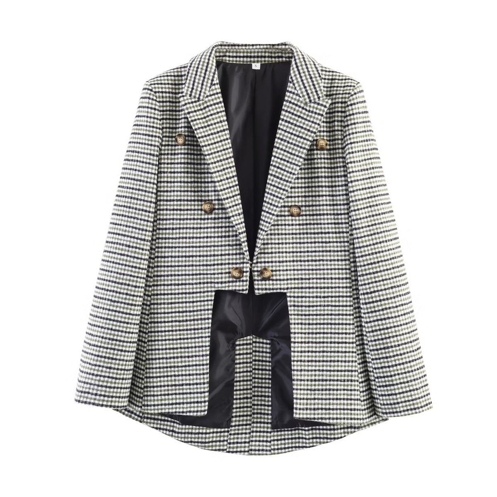 Women's double-breasted glencheck blazer with extended back and tailored silhouette Fashion Glam