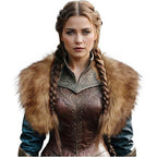Ladies Medieval Faux Leather Breastplate with Embossed Ornamentation and Faux Fur Shoulder Collar Fashion Glam
