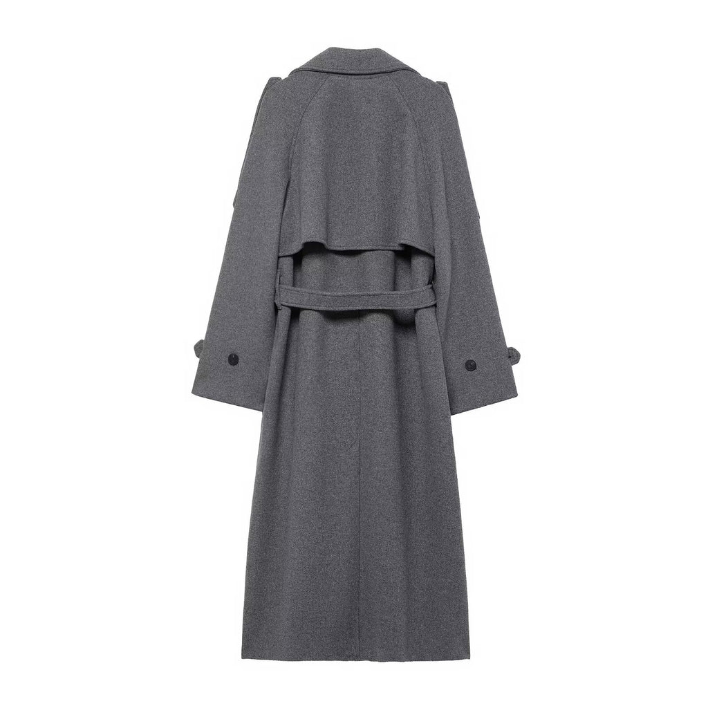 Women's long double-breasted wool coat with belted waist and shoulder flaps Fashion Glam