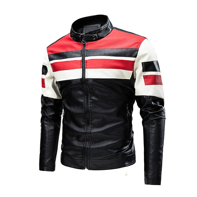 Men's retro-inspired motorcycle leather jacket with racing stripes and stand-up collar Fashion Glam