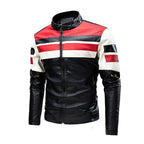 Men's retro-inspired motorcycle leather jacket with racing stripes and stand-up collar Fashion Glam