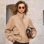 Women’s short jacket made of wool blend in utility look with stand-up collar, flap pockets, and elastic hem Fashion Glam