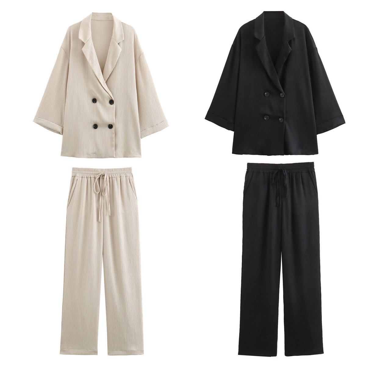 Ladies Oversized Double-Breasted Blazer with Pleated Structure and Three-Quarter Sleeves Fashion Glam