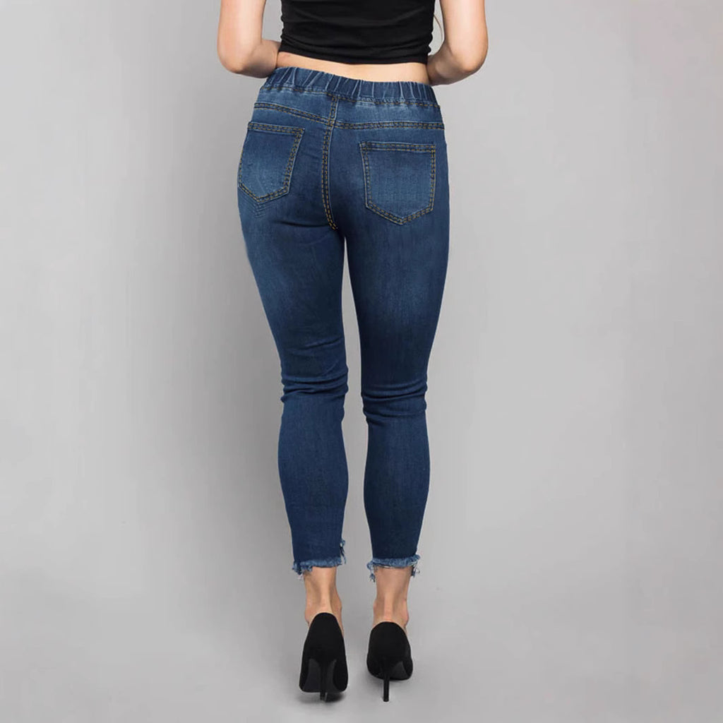 Women High-Waisted Destroyed Jogger Jeans with Elastic Drawstring Waistband and Cropped Frayed Hem Fashion Glam