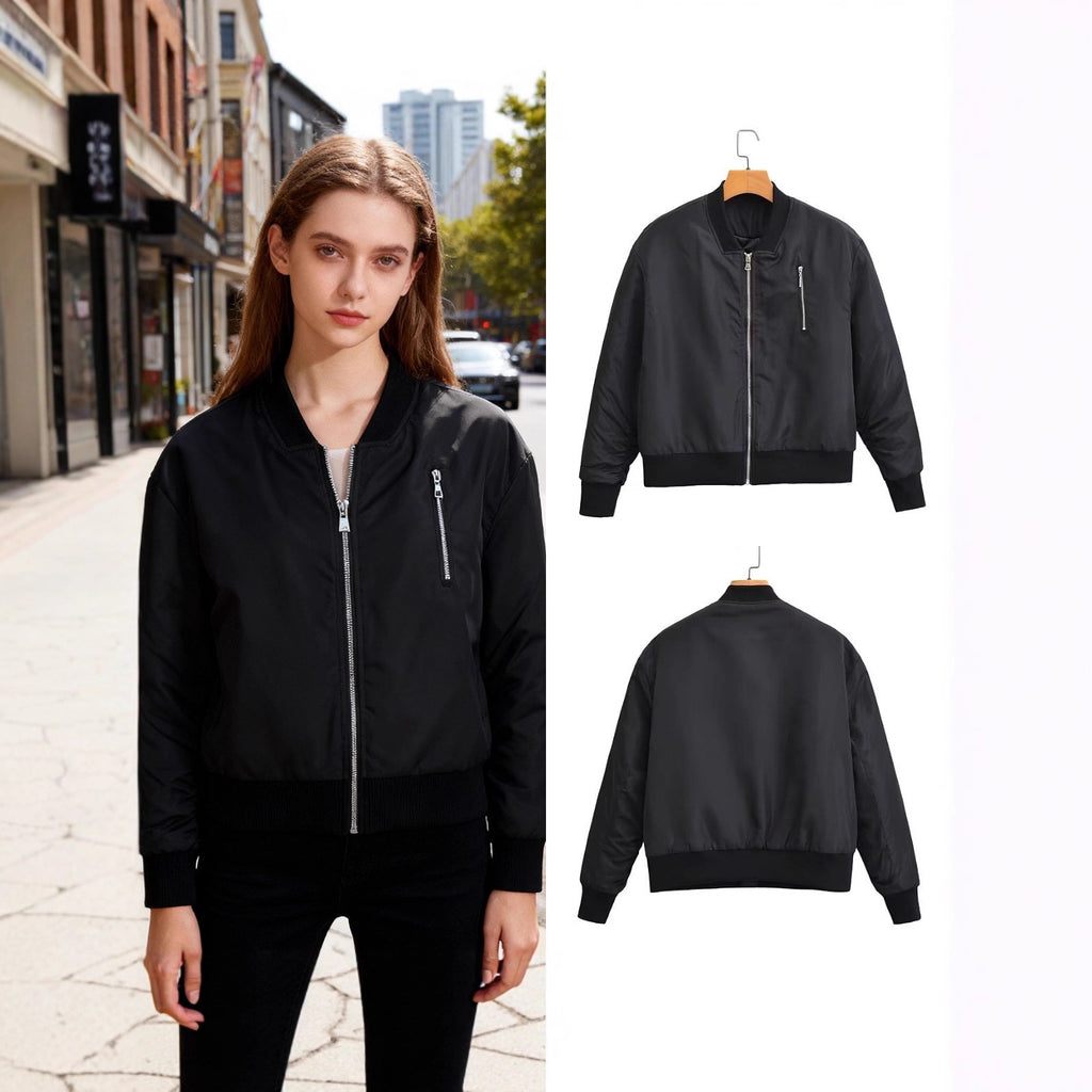 Women short cut nylon bomber jacket with shiny surface, padded lining and metal zipper Fashion Glam