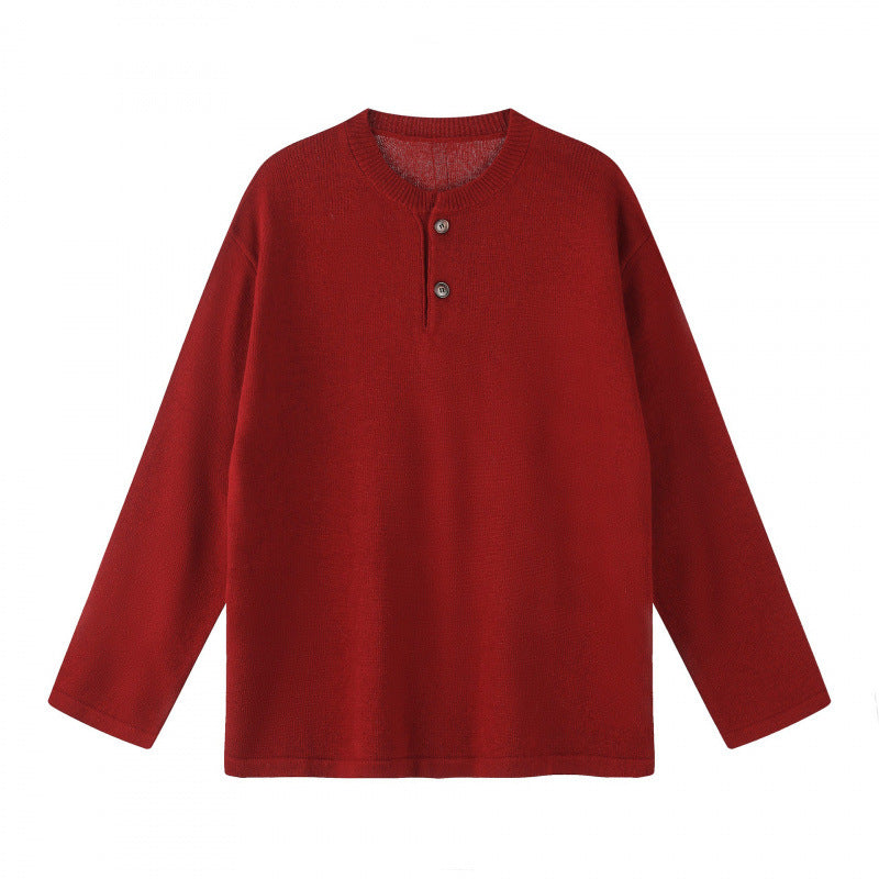 Unisex Oversize knit sweater with Henley button placket, straight hem and light texture Fashion Glam