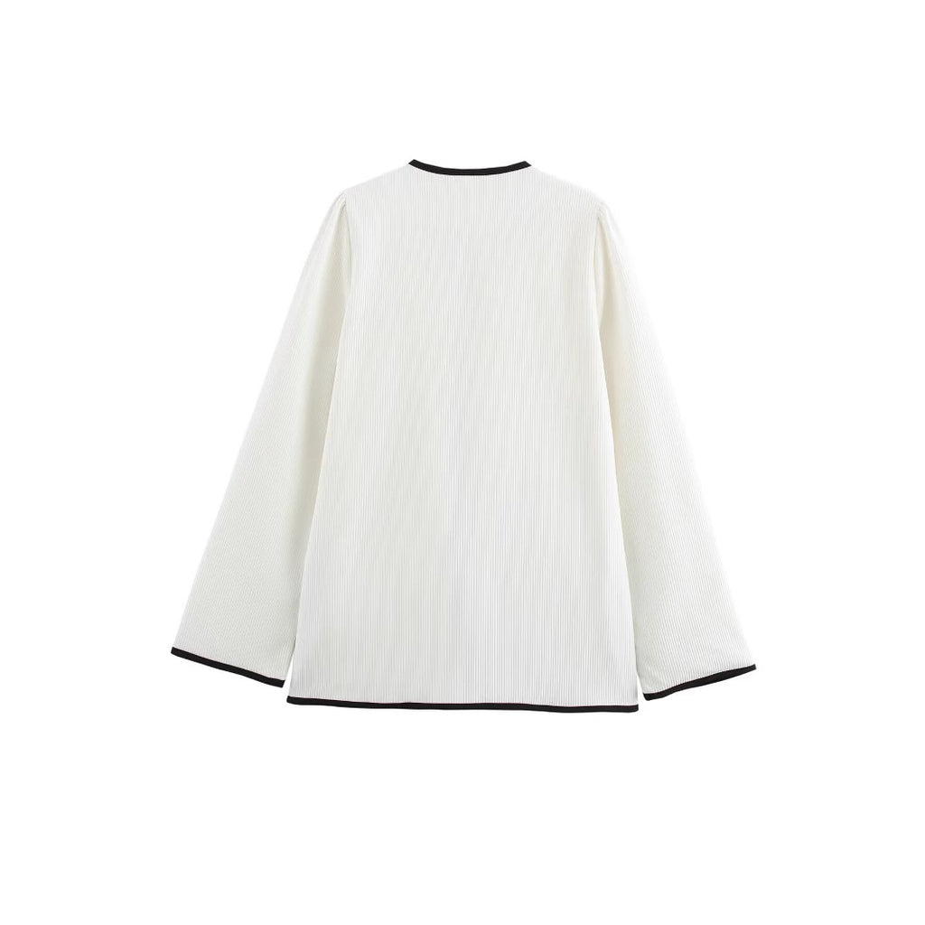 Women's Elegant Short Jacket without Collar with Contrast Piping, Ties and Patch Pockets Fashion Glam