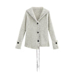 Women Ribbed Cardigan with Sailor Collar, Decorative Ribbon Lacing and Button Placket Fashion Glam