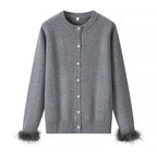 Women's Knit Cardigan with Pearl Buttons and Luxurious Faux Fur Cuffs Fashion Glam