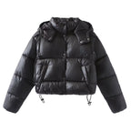 Women Shiny Cropped Puffer Jacket with Drawstring and Snap Button Placket Fashion Glam