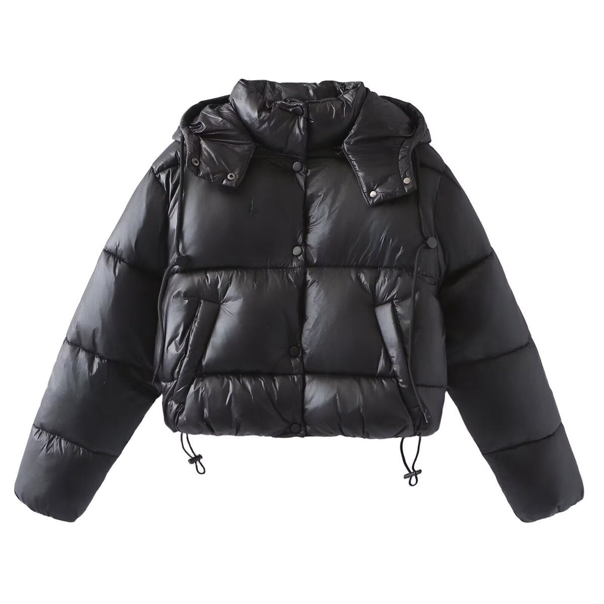 Women Shiny Cropped Puffer Jacket with Drawstring and Snap Button Placket Fashion Glam