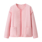 Women's Quilted Transition Jacket with Round Neckline, Light Padding and Patch Pockets Fashion Glam