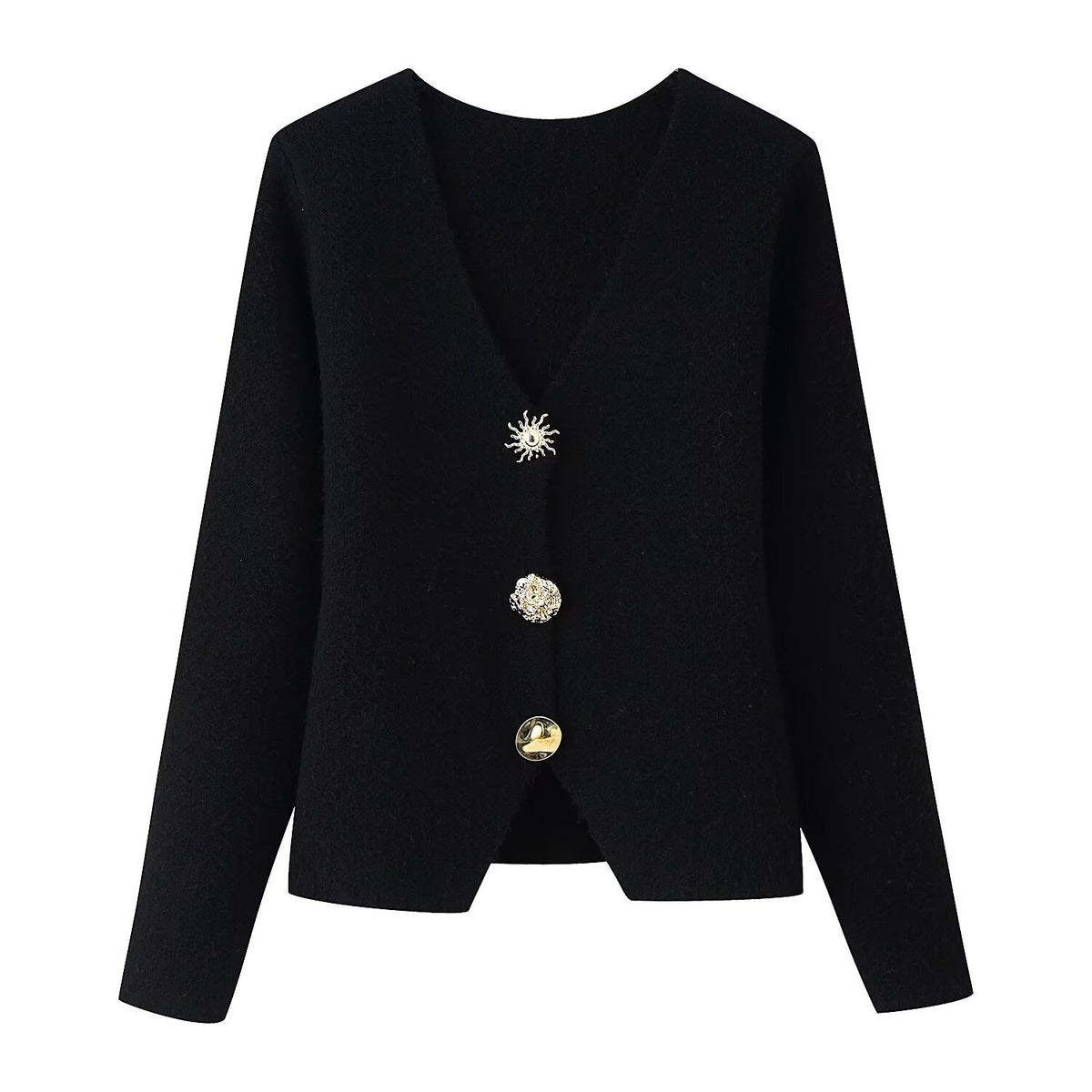 Ladies Elegant Short Cardigan made of Boucle knit with deep V-neck and decorative jeweled button placket Fashion Glam