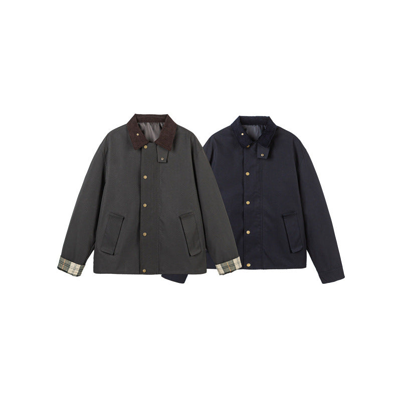 Men's Short Boxy Work Jacket made of sturdy canvas with cord collar and concealed snap button placket Fashion Glam