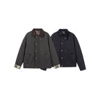 Men's Short Boxy Work Jacket made of sturdy canvas with cord collar and concealed snap button placket Fashion Glam