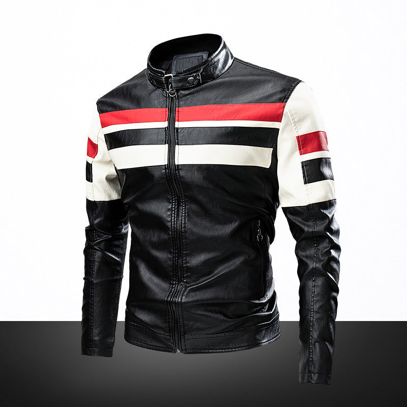 Men's retro-inspired motorcycle leather jacket with racing stripes and stand-up collar Fashion Glam