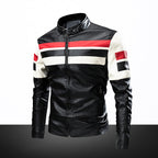 Men's retro-inspired motorcycle leather jacket with racing stripes and stand-up collar Fashion Glam