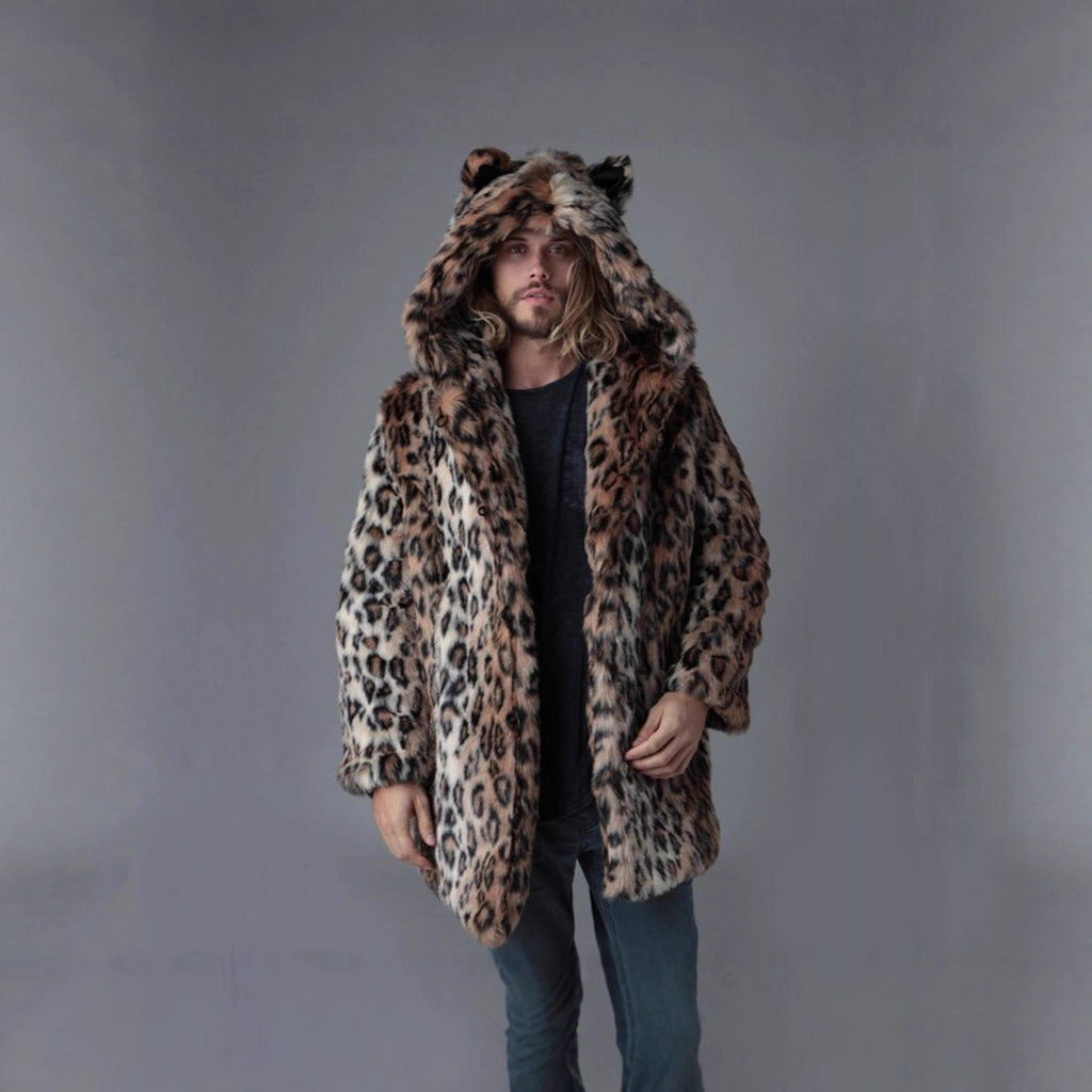 Men's Long Faux Fur Coat with Hood, Ear Application and Oversized Silhouette Fashion Glam