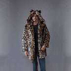 Men's Long Faux Fur Coat with Hood, Ear Application and Oversized Silhouette Fashion Glam