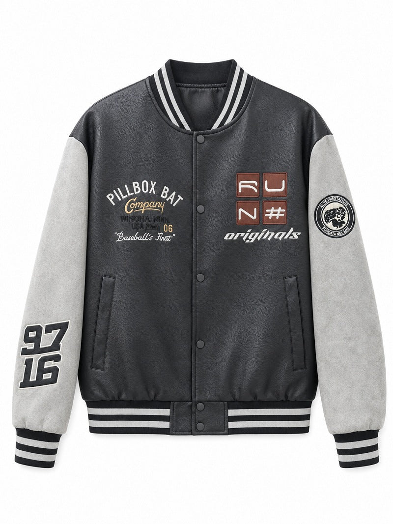Men's varsity bomber jacket in retro college style with faux leather body and contrast sleeves Fashion Glam