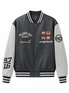 Men's varsity bomber jacket in retro college style with faux leather body and contrast sleeves Fashion Glam