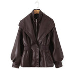 Women's faux leather jacket with XXL shawl collar, waist elastic and balloon sleeves Fashion Glam