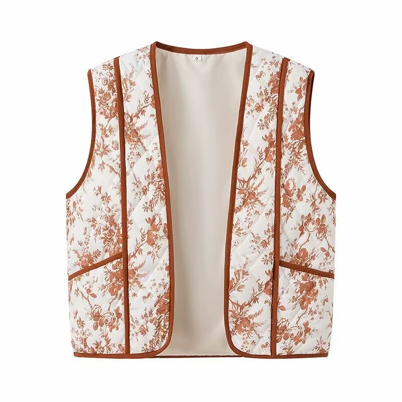 Women's Padded Quilted Vest with Floral Print and Side Pockets Fashion Glam