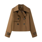 Women Cropped Double-breasted Trench Coat with Wide Lapels and Adjustable Cuffs Fashion Glam