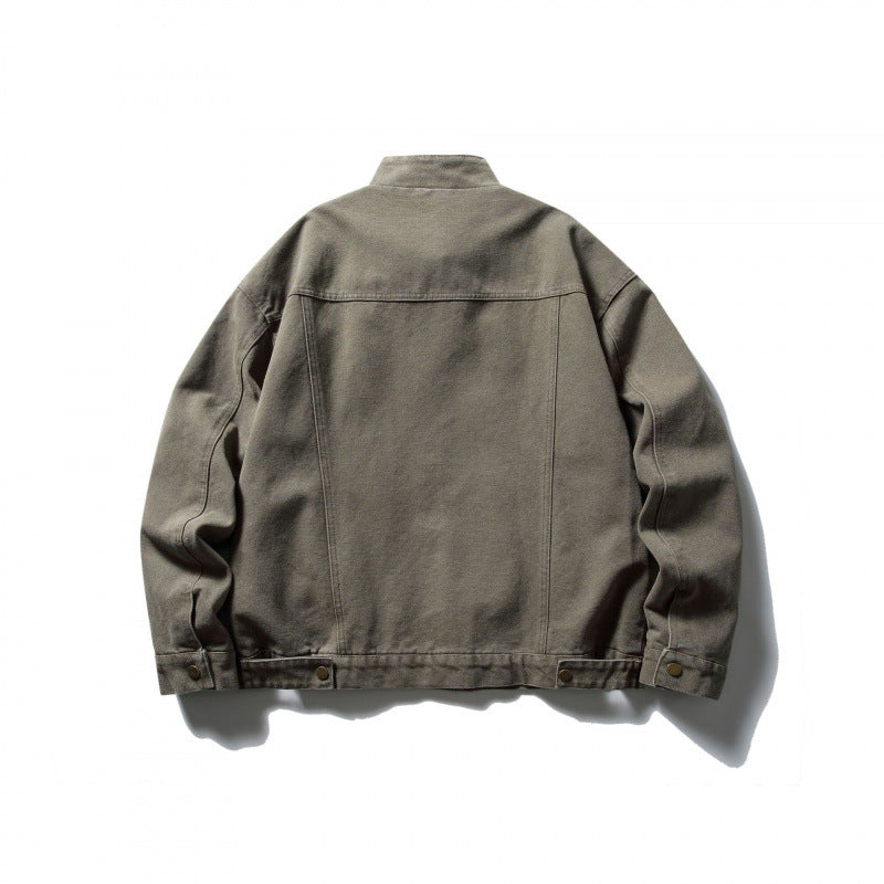 Men's Boxy Canvas Jacket with Stand-Up Collar, Zipper and Seam Panels Fashion Glam
