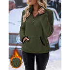 Women's fluffy fleece cuddle pullover with half zipper, kangaroo pocket and stand-up collar Fashion Glam