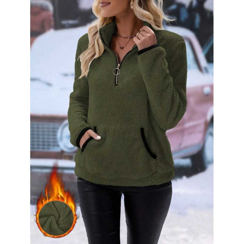 Women's fluffy fleece cuddle pullover with half zipper, kangaroo pocket and stand-up collar Fashion Glam