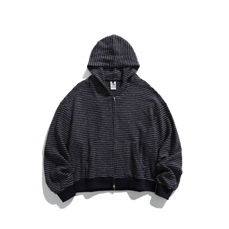 Unisex Boxy Hoodie Sweat Jacket with continuous zipper, striped texture and ribbed hem Fashion Glam