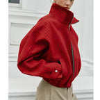 Women's short-cut boxy blouson with stand-up collar, check pattern and zipper Fashion Glam