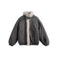 Women's short-cut bomber jacket in lambskin look with high stand-up collar and faux fur trim Fashion Glam