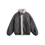 Women's short-cut bomber jacket in lambskin look with high stand-up collar and faux fur trim Fashion Glam