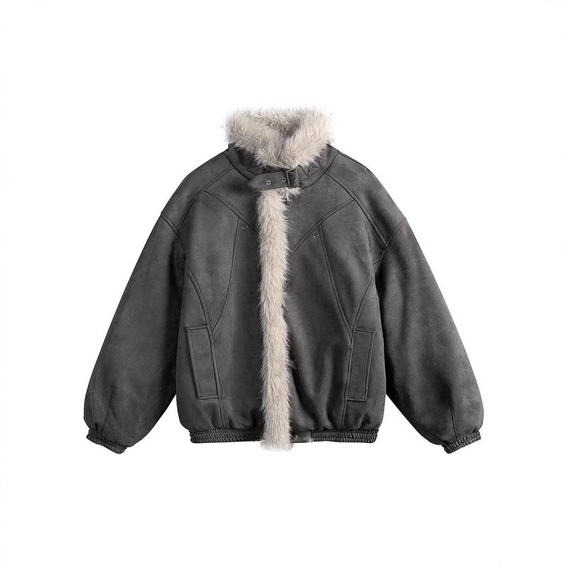 Women's short-cut bomber jacket in lambskin look with high stand-up collar and faux fur trim Fashion Glam