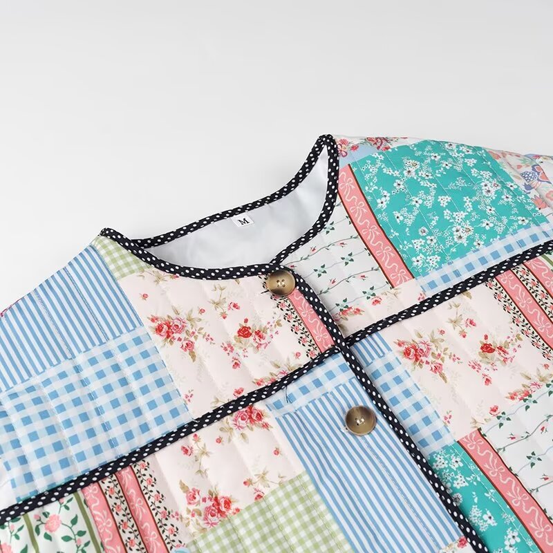 Women's Quilted Patchwork Jacket in Cottage Style with Round Neckline and Contrasting Piping Fashion Glam