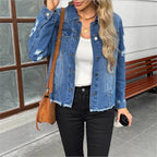 Women's denim jacket with casual destroyed sleeves and raw hem Fashion Glam