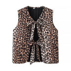 Women's Sleeveless Satin Blouse Top with Leopard Print and Double Bow Front Fashion Glam