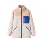 Women Oversize Teddy Fleece Jacket with Standing Collar, Full Zip and Nylon Chest Pocket Fashion Glam