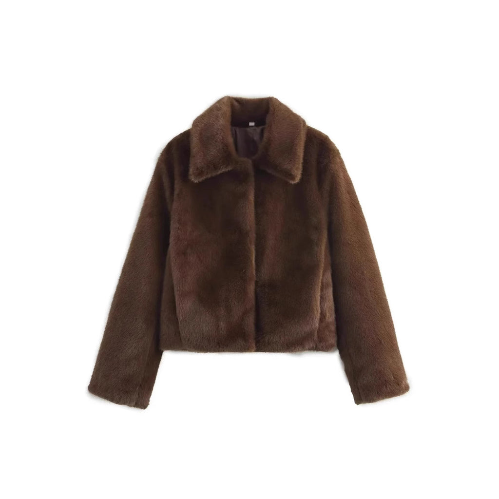 Women's Short Boxy Faux Fur Jacket with Shirt Collar and Dense High-Pile Texture Fashion Glam
