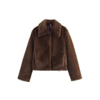 Women's Short Boxy Faux Fur Jacket with Shirt Collar and Dense High-Pile Texture Fashion Glam