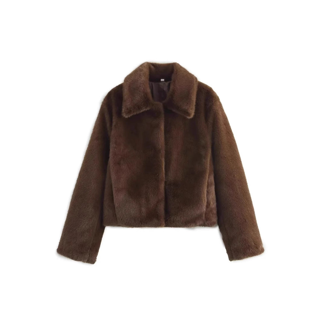 Women's Short Boxy Faux Fur Jacket with Shirt Collar and Dense High-Pile Texture Fashion Glam