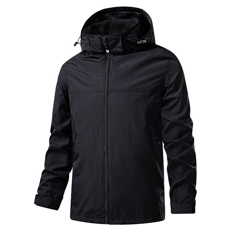 Men's lightweight packable rain and wind jacket with adjustable hood and microfleece collar Fashion Glam