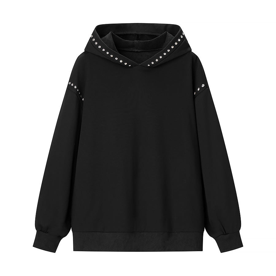 Women's Oversize Hoodie with Metal Stud Trim and Balloon Sleeves Fashion Glam