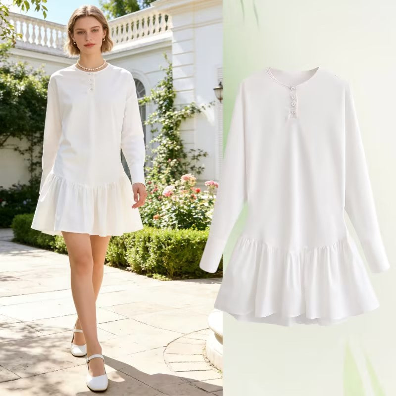 Women Loose Long Sleeve Tunic Dress with Henley Button Placket and Tiered Skirt Fashion Glam