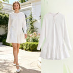 Women Loose Long Sleeve Tunic Dress with Henley Button Placket and Tiered Skirt Fashion Glam
